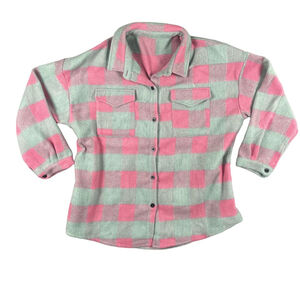 Oversized Plaid Fuzzy Shacket Pink Mint Green Checkered Shirt Jacket Womens XXL